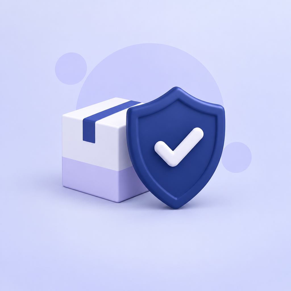 Shipping Protection: navy shield with checkmark in front of a parcel